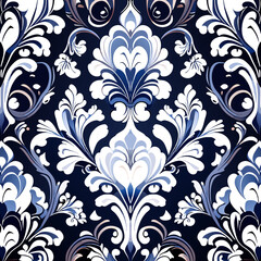 Seamless damask pattern. Vector illustration. Blue and white