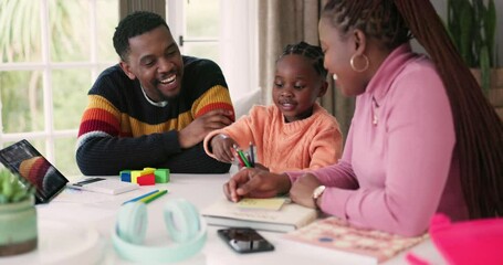 Family, child and count color at home for school education, learning and knowledge with parents. Happy African woman, man and girl kid playing or teaching creative art, mathematics or development - Powered by Adobe