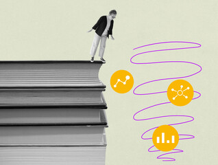 A woman looking down from a stack of books as a concept lifelong learning. Modern collage.