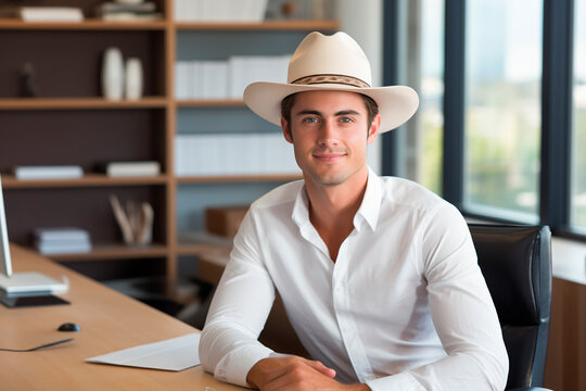 smiling, photo of an attractive young businessman wearing a hat in his office. illustration created with AI