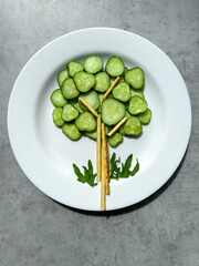 Healthy and fun food for kids, food serving for kids, tree, vegetables, cucumber