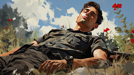 creative illustration of a young man lying on a green meadow and looking at the sky. enjoys his life and the beautiful summery and sunny weather. Generative AI