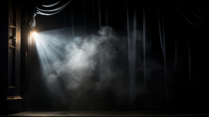 vintage theatre spot light on black curtain with smoke