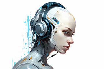 Portrait drawing of AI robot wearing headphones, furturistic concept, generative AI.