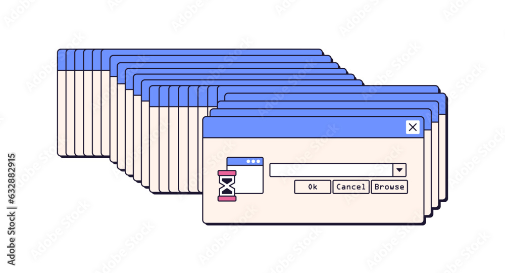 Poster Dialog windows, error on crashed froze computer. 00s retro virus, problem, bug with repeated endless popups, system notifications. Flat graphic vector illustration isolated on white background
