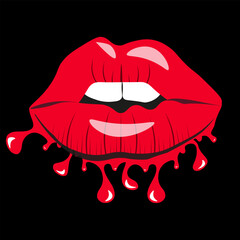 Style fashion Blood red Lips with trendy flowing texture. Creepy Halloween concept. Design for T-shirt print isolated on black background. Vector illustration.