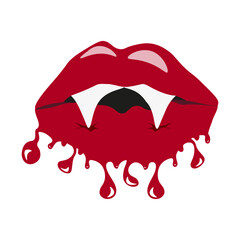 Style fashion Blood red Lips with trendy flowing texture and vampire fangs. Creepy Halloween concept. Design for T-shirt print isolated on екфтызфкуте background. Vector illustration.