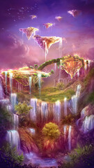 The magical islands. Fantastic fairy tale background, digital art. Illustration of a mountain dawn landscape with waterfalls, birds and flying islands. 
