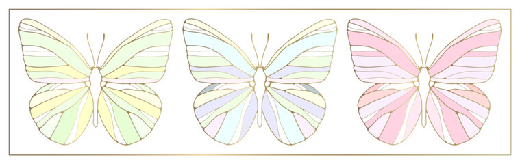 A set of three butterflies in soft pastel colors and gold counter. Butterflies for decor, covers, backgrounds, creating various patterns and designs.