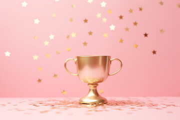 golden winners cup with flying star confetti on a pastel pink background, front view
