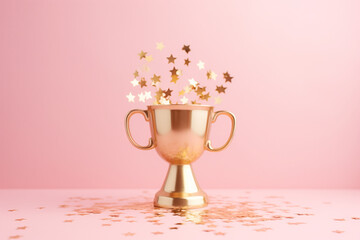 golden winners cup with flying star confetti on a pastel pink background, front view