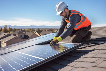 Worker Installing a solar panels on a home rooftop. Man engineer installing solar PV cells on a roof. Energy saving and concept. 