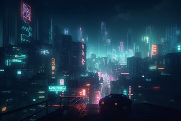 Concept art illustration of cityscape of asian cyberpunk city at night, Generative AI