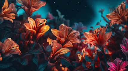 Futuristic flowers wallpaper, neon glow blossoms background with flowers in AI generative