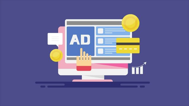 Pay per click digital advertising campaign, cost per click and cost per impression, online audience pressing ad button, website traffic, internet marketing paid ad network video animation.
