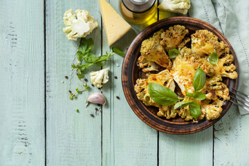 Vegetarian organic food. Baked cauliflower steaks with herbs and spices on a wooden table. Healthy...