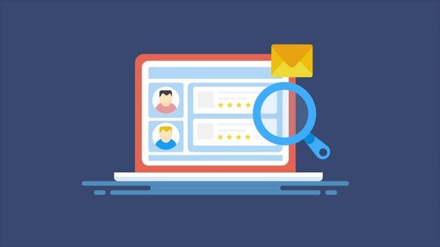 Concept of hiring digital marketer from marketplace, SEO expert outsourcing and business communication, laptop computer email animation video. 