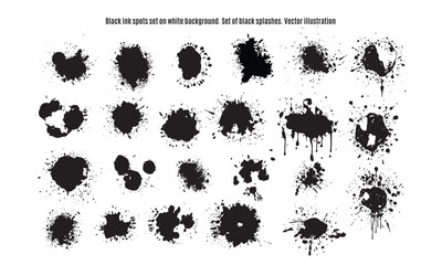 Vector hand drawn Black ink spots set on white background. Set of black splashes element. Vector illustration