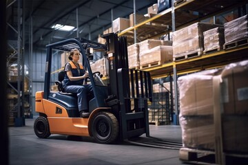 Portrait of a woman in uniform working with a forklift in a warehouse. Generative AI
