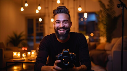 Craft a compelling and dynamic portrait of a blogger engaged in creating content for their vlog