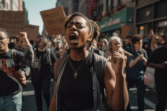 Emotional Woman activist screaming in protest with group of protestors during strike. AI generative 
