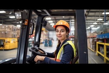 Portrait of a woman in uniform working with a forklift in a warehouse. Generative AI