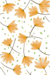 Seamless pattern of yellow flower and green leaves flowing on white background.