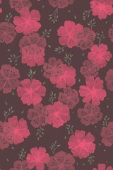 Seamless pattern of pink flowers on dark crimson background.