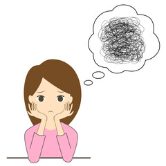 頭の中がぐちゃぐちゃに絡まった状態の女性。モヤモヤ、イライラ、ストレス、憂鬱、生理、頭痛、悩みを表すイラスト。