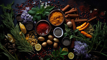 Obraz na płótnie Canvas Colorful and aromatic herbs and spices on a dark background. Generative Ai