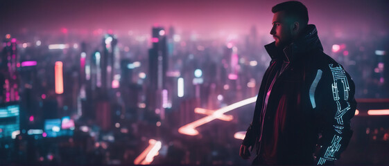 A man in a futuristic jacket stands on top of a skyscraper on a blurred cyberpunk city panorama background with bright neon lights.