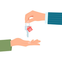 Fototapeta premium A hand giving the keys to the house to another hand. Sale or rent of apartment. Buying a house.Vector illustration