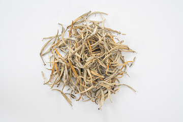 Ceylon SILVER NEEDLE LOOSE LEAF TEA on white background.