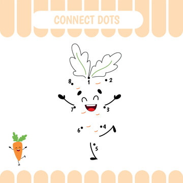 Number educational game for preschool kids. Connect dots. Activity page with carrot. Vector illustration
