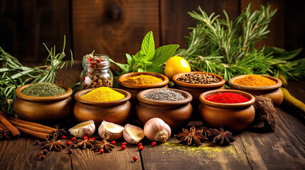 Obraz na płótnie Canvas Set of Spices and herbs for cooking. Small bowls with colorful seasonings and spices, basil, pepper, saffron, salt, paprika, turmeric on rustic wooden plank table background. Generative Ai