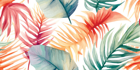 Beautiful autotraced vector seamless pattern with hand drawn watercolor colorful tropical palm leaves. Wallpapper textile fabric design. - obrazy, fototapety, plakaty