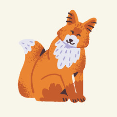 Cute woodland animal, happy and kind fox. Forest predator, furry, sly foxy with red tail sits and smile. Fluffy funny beast in childish style. Flat isolated vector illustration on white background