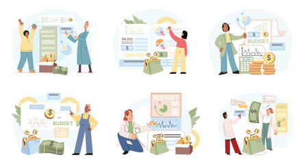 People analyzing personal or corporate budget. Saving money and economy concept. Budget planning financial management business. Money savings estimation, files organization system, financial report