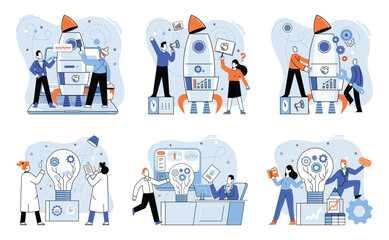 Team solving problems. Planning, startup, coaching and problem solving, success Characters develop success innovation solution with aspiration and efforts, work on smart startup Search for right