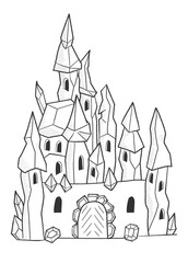 line ink drawing of crystal castle in pencil lines on white background