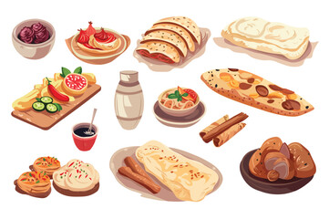 Caucasian cuisine set in the cartoon style. An exciting set with beautifully designed dishes of Caucasian cuisine such as bread, henkali, sauces, etc. Vector illustration.
