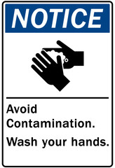 Hand wash sign and labels avoid contamination. Wash your hands