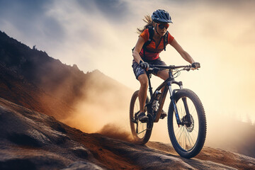 Fototapeta na wymiar Young woman riding bicycle on mountain trail sport