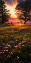 Beautiful backlit meadow at sunset ai generated