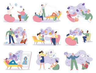 People during mental therapy sessions with psychotherapists or psychologists practicing different psychotherapy approaches. Psychotherapist has Individual session patient and sees positive results