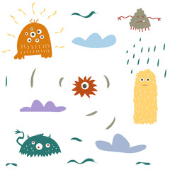 Seamless pattern. Funny and colorful monsters. Vector