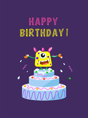 Vector image of a monster that jumps out of the cake. Happy birthday
