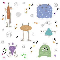 Seamless pattern. Funny and colorful monsters. Vector