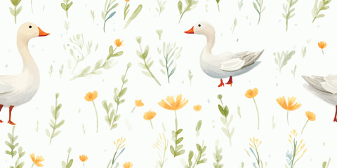 Beautiful baby seamless pattern with watercolor cute white goose birds celebrating birthday party