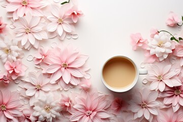 Fototapeta na wymiar Flowers composition, creative layout with coffee cup